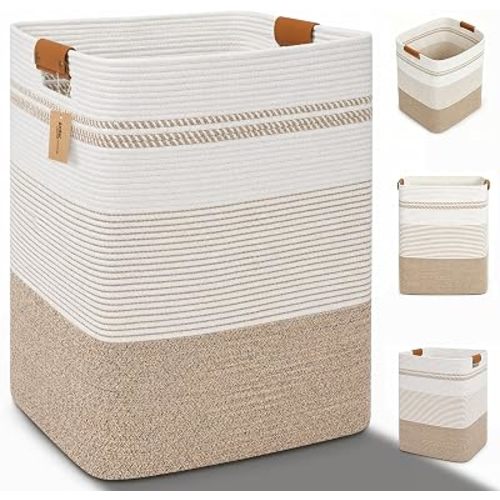 Laundry Hamper, Cotton Rope Laundry Basket with Leather Handles, 21.1-Gallon/80 L Large Clothes Hampers for Laundry, Woven Laundry Baskets for Blankets, Clothing, Bedroom, Living Room, Nursery