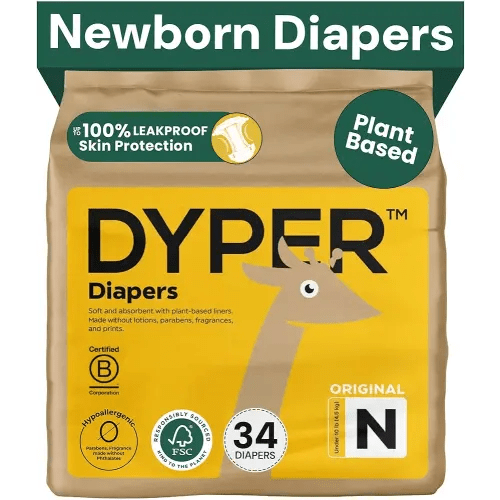 DYPER - Newborn Diapers Size 0 (34Count) - Plant Based Disposable Diapers for Day and Overnight Premium Leak Protection, Skin-Friendly Comfort with Soft Baby Diapers (>10 lbs)