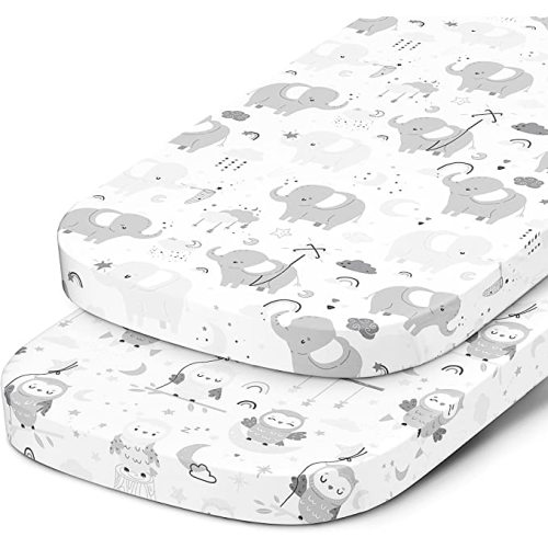 Bassinet Fitted Sheets for Baby Beside Dreamer Bassinet & Bedside Sleeper – Snuggly Soft 100% Jersey Cotton – 2 Pack – Grey Elephants, Cloud, Stars, Moon, Owl