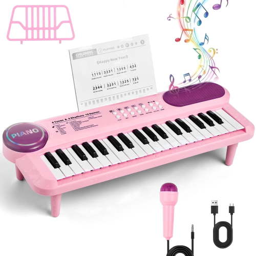 Baby Piano Toys for Kids, 37 Keys Electronic Keyboard with Microphone, Portable Piano for Toddlers, Educational Keyboard Musical Instrument Toys for Girls Boys, Pink