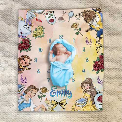Personalized Beauty and the Beast Milestone Blanket/Disney Princess Belle Blanket/Beauty and the Beast Watercolor Princess Blanket OGXL02