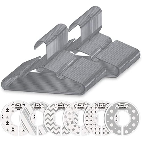 Minnebaby Plastic Baby Hangers 60 Pack, Ultra Thin No Slip Infant Nursery Clothes Hangers with 6 Pcs Cute Clothing Dividers for Boys & Girls Closet Organizer, Gray Kids Hangers