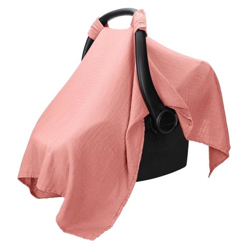Comfy Cubs Baby Car Seat Cover - Soft, Breathable Bamboo Rayon and Muslin Cotton Blend - Lightweight Canopy for Sun, Bug, and Comfort Protection - Large Size Infant Seat Cover in Bold Blush Design