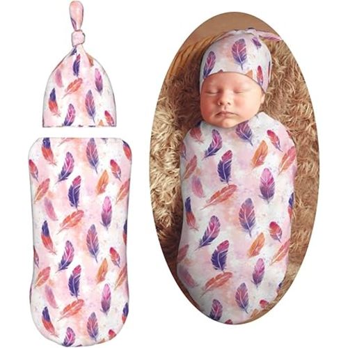 Painted Feathers Pink Newborn Swaddle Blankets Hat Sets Soft Baby Receiving Blanket Swaddle Sack for Baby Shower Infant Boy Girl Gift