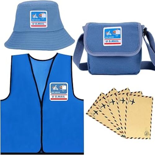 CINKCO Kids Premium Mailman Costume Kit Bucket Cap+Postman Bag+Vest+Envelope(4 in 1) Career Day Occupational Postman Dress Up for 5-12 Years Old