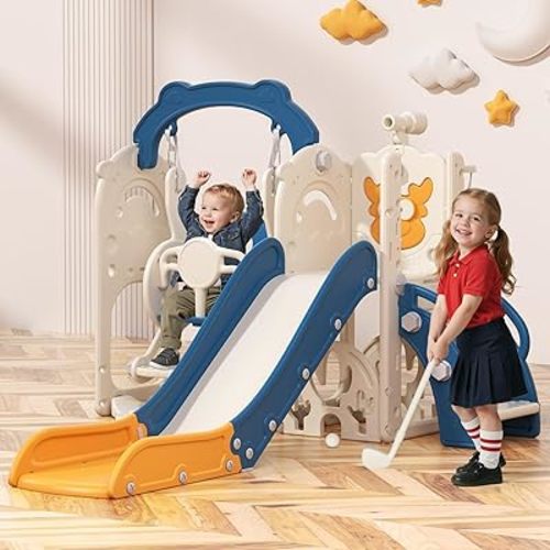 Toddler Slide and Swing Set, 7-in-1 Indoor Outdoor Toddler Playset with Climber, Basketball Hoop & Golf Toys, Playground for Kids Ages 1+, Blue&Yellow