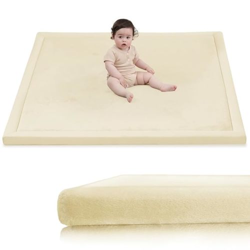 Baby Play Mat for Floor,1.3" Thick Memory foam Tummy Time Mat,Soft Coral Velvet Nursery Rug for Toddlers,Infants,kids,Extra Large Non Slip for Crawling,Yoga,Tatami Style for Living Room(Beige)