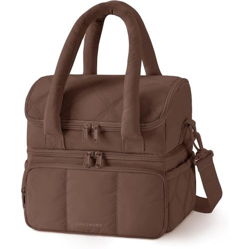 BAGSMART Lunch Bag Women, Double Deck Insulated Lunch Box, Quilted Puffer Lunch Tote, Leakproof, Durable & Reusable Large Lunch Cooler For Work Picnic Travel Meal Prep, Coffee Brown