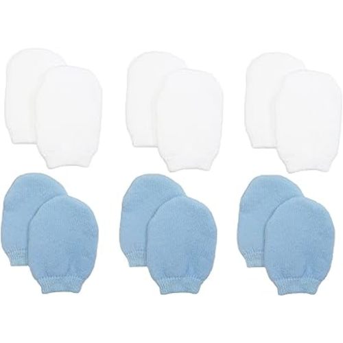 Nurses Choice Newborn Baby Boy No‑Scratch Mittens – Soft Cotton Stay‑On Infant Gloves – Hospital Trusted Hand Covers for Sensitive Skin – Newborn Essentials (6‑Pack, White & Blue)