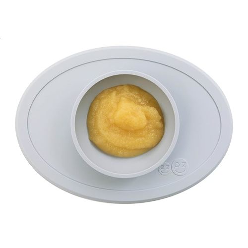 ezpz Tiny Bowl (Pewter) - Silicone Baby Bowl with Suction for 6 Months + - Built-in Placemat - First Foods + Baby Led Weaning - Fits on All Highchair Trays - Suction Bowls for Baby