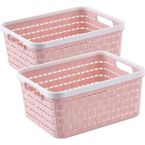 Plastic Storage Bin Baskets, Toilet Paper Basket for Bathroom, Plastic Organizer Shower Caddy with Handles for Living Room (Small Pink 2 pack)