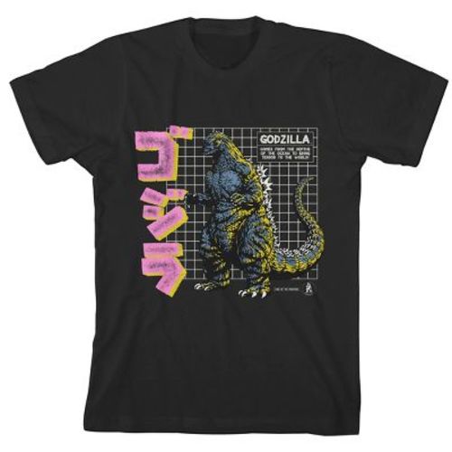 Godzilla Grid & Kanji Crew Neck Short Sleeve Boy's Black T-shirt-Small