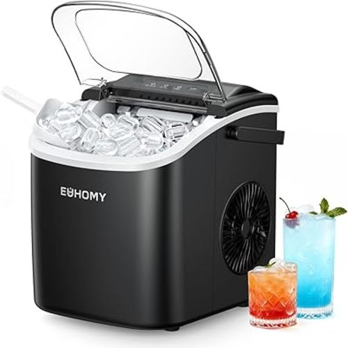 EUHOMY Countertop Ice Maker Machine with Handle, 26lbs in 24Hrs, 9 Ice Cubes Ready in 6 Mins, Auto-Cleaning Portable Ice Maker with Basket and Scoop, for Home/Kitchen/Camping/RV. (Black)