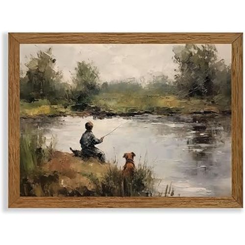 Wojuin Framed Vintage Boy Fishing Canvas Wall Art, Child with Pole and Puppy Artwork Wall Decor, Country Farmhouse Boyhood Dog Paintings Prints for Nursery Living Room Bedroom Bathroom 16x24 in