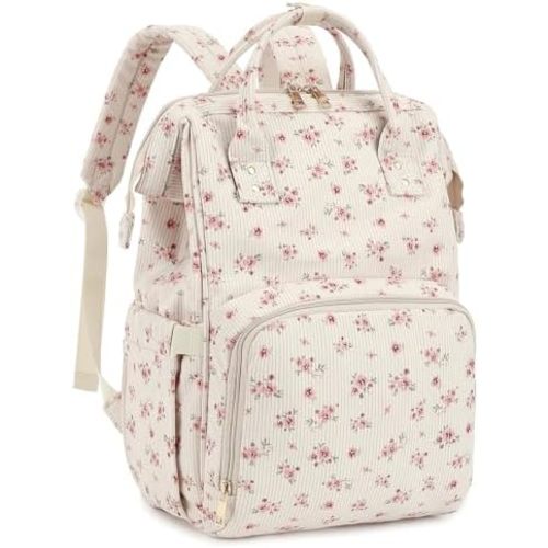 Corduroy Diaper Bag Backpack for Mom, Large Capacity Travel Nappy Bag for Baby Girls & Boys with Stroller Straps (Corduroy Floral Pink)