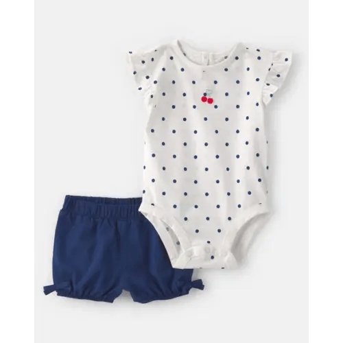 Baby Girl 2-Piece Cherry Polka Dots Short-Sleeve Bodysuit & Short Set - White/Blue | Carter's