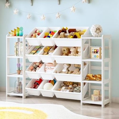 MallBest Extra Wide Toy Storage Organizer with Dual Bookshelves, Kids Wooden Shelf with 12 Removable Bins for Books, Toys, Playroom, Nursery, Bedroom, White, Large