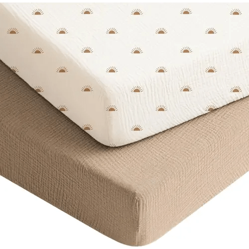 Konssy Muslin Crib Sheets for Boys, Soft Cotton Neutral Baby Sheets for Standard Crib Mattress 2 Pack, 52"x28" (Camel, Sun)