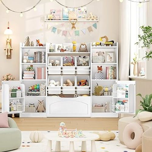 FINETONES 55” Toy Storage Organizer with Removable Bins, 5-in-1 Kids Bookshelf with Movable Chests and Book Shelves Behind The Doors, Toy Organizer Playroom with 6 Toy Bins and 8 Storage Cubes, White