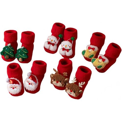 Regalos de Navidad, unisex, con forro polar, gruesos, cálidos, antideslizantes, para niños pequeños, adecuados para edades de 1 a 3 años, juego de 5 pares.