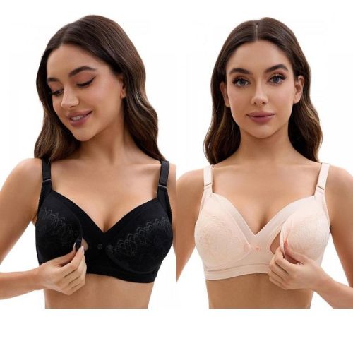 INSPIRE CHIC Women's Nursing Bra Lace Front Snap Adjustable Straps Pumping Maternity Underwear 2 Packs 1 Beige+1 Black 36C