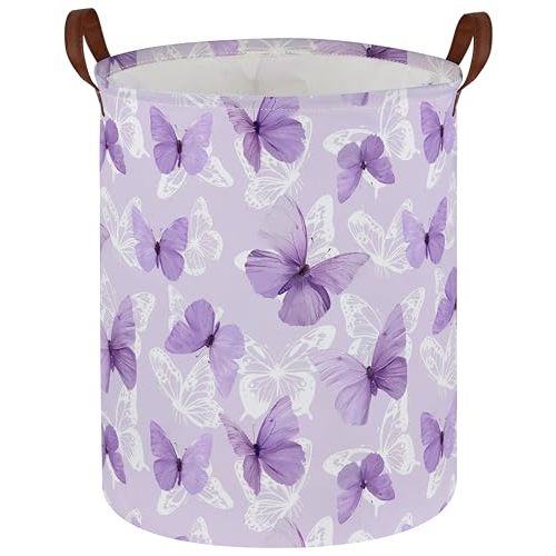Sanjiaofen Kids Laundry Hamper,Butterfly Laundry Basket Collapsible Girls Storage Baskets for Home Decor,Office,Toy Organizer,(Purple Butterfly