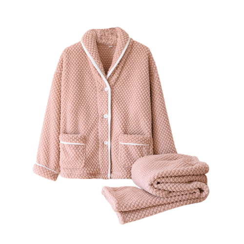 Jalioing 2 Piece Fleece Pajamas Set for Women Lapel Button down Shirt with Warm Pant Flannel Sleepwear Suits (Medium, Pink)