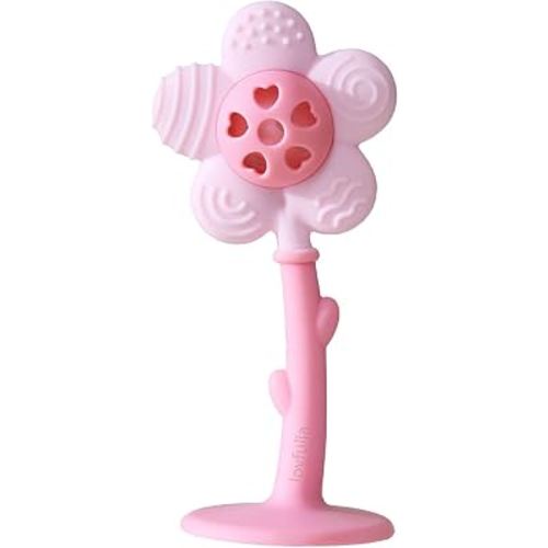 Joyfulia Baby Teether Rattle, Silicone Suction Cup Teething Toy, Pink | Sunnyflower Multi-Textured Food-Grade Sensory Chew Toy for Babies 0+ Months, Easy to Hold, BPA-Free, Newborn Essential
