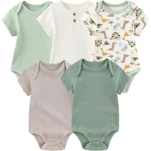 Newborn Baby Short Sleeve Bodysuit Cotton One-Piece Baby Clothes 5-Pack, 0-12 Months