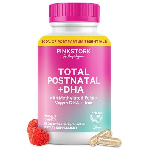 Pink Stork Total Postnatal Vitamins for Women with Vegan DHA, Iron, Folate, and Vitamin B12, Postpartum Recovery Essentials, Daily Supplement for Breastfeeding Moms - 1 Month Supply