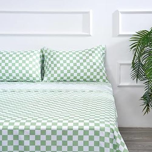 Best Season Bed Sheet Set 4 Piece -Full Size-Soft Durable Microfiber Bedding Sheet Set,Deep Pocket,Stain,Fade & Wrinkle Resistant Green and White Checkerboard Grid(Plaid Green&White)