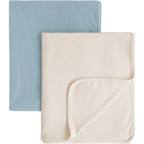 Konssy Knit Baby Blanket 2 Pack, Soft Ribbed Swaddle Receiving Blankets for Boys & Girls, Lightweight Cozy Swaddling Wrap for Newborns, Infants, & Toddlers, 33x42 Inch (Blue, Beige)