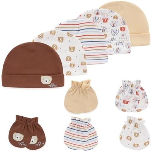 MAMIMAKA Baby Hat and Mittens Set Newborn Baby Hats Caps for Baby Boys Girls 0-6 Months 100% Cotton