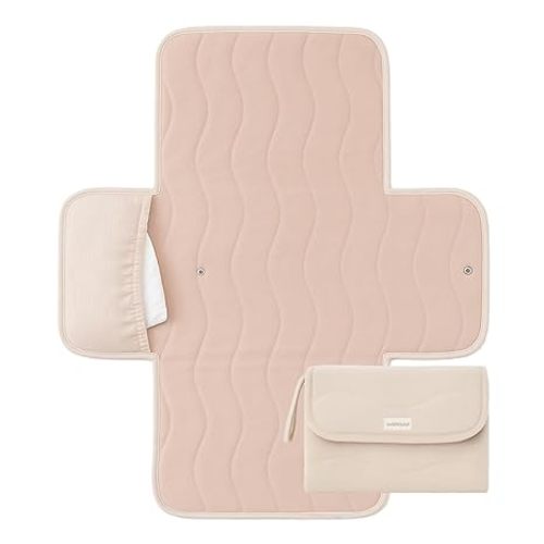 Toddlekind Mini Maven Portable Changing Pad – Organic Cotton & Water-Resistant Polyester – Travel-Friendly, Foldable Change Mat – Blush Stripes with Wave Stitching – Chic, Durable, Easy to Clean