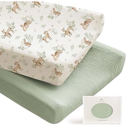 Konssy 2 Pack Muslin Changing Pad Covers for Boys, Ultra Soft & Breathable Cotton Baby Diaper Changing Table Covers, Neutral Nursery Diaper Changing Pad Sheets (Woodland,Sage)