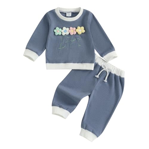 Amnnchya Toddler Clothes For Girls Baby 3D Flower Fall Winter Outfits Stripes Waffle Sweatshirt Pullover Cute Pants Set