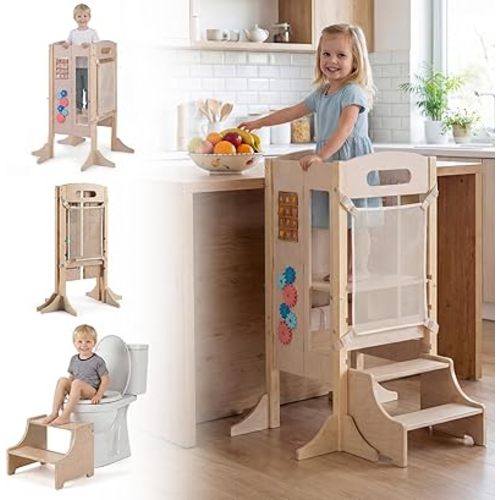 Costzon Foldable Toddler Step Stool, Wooden Kitchen Standing Tower with 2-Step Stool, Adjustable Height, Chalkboard & Montessori Games, Detachable Safety Net, Kids Helper for Boys & Girls