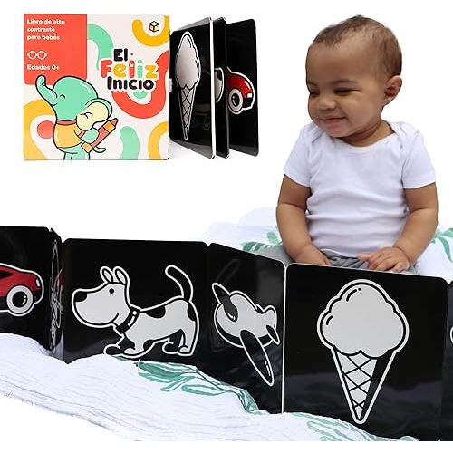 Happy Start Award-Winning High Contrast Board Book - Newborn Black & White Baby Cards, Easy to Clean, Hospital Approved, Stands on Its Own, Tummy Time Toy, Ages 0+ (Spanish)