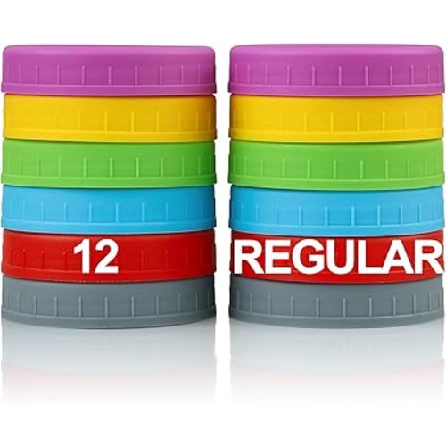 12 Pack REGULAR MOUTH Mason Jar Lids for Ball, Kerr and More - Multicolor Plastic Storage Caps for Mason Jars, Canning Jars - Leakproof, Dishwasher Safe & Food Grade