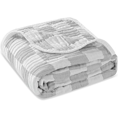 Muslin Baby Blanket Organic Cotton Blend Jacquard (Grey Check,43")