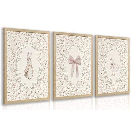 PORENY Baby Girl Nursery Wall Art Set of 3, Pink Bow Rabbit Goose Canvas Prints, Cute Floral Nursery Decor, Vintage Neutral Animal Artwork for Girls Room Kids Bedroom Wood Framed 12x16 Inch