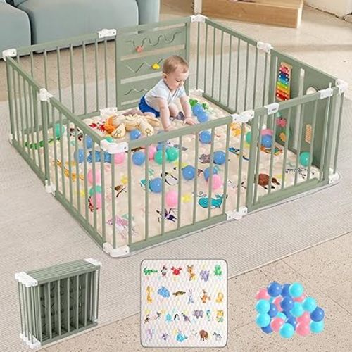Foldable Wooden Baby Playpen with Soft Play Mat, Adjustable Playpen for Babies and Toddlers with 36 Colorful Balls, Portable Baby Fence Play Area Activity Center with Gate for Toddlers(60x60x23inches)