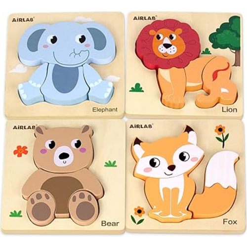 Wooden Puzzles for Toddlers 1 2 3 Year Old Animals Shape Puzzle Toys for Travel Airplane Gift for Kids Montessori Early Development Gifts for Baby Boys Girls with Drawstring Bag Pack of 4