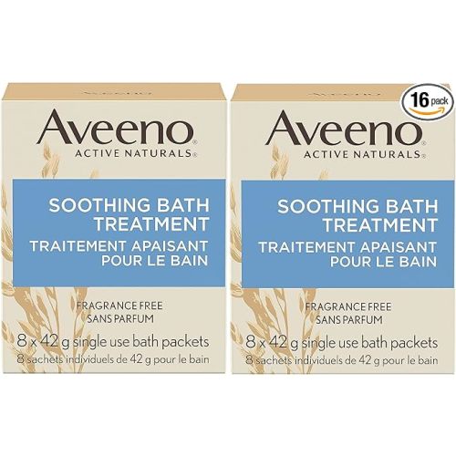 Aveeno Fragrance Free Soothing Bath Treatment, 100% Natural Colloidal Oatmeal, Sensitive Skin Bath Soak for Relief of Dry, Itchy, Irritated Skin Due to Eczema & Hives, Bath Packets, 8 ct. (Pack of 2)