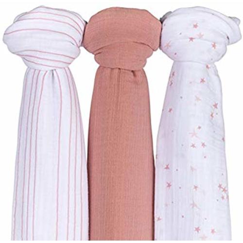 Ely’s &Co. Muslin Swaddle Blanket 3-Pack for Baby Girl — 100% Cotton Muslin Extra-Large Swaddle Blankets (47” x 47”) — (Mauve Pink Stars │ Solid Dusty Rose │ Dusty Rose Stripes)