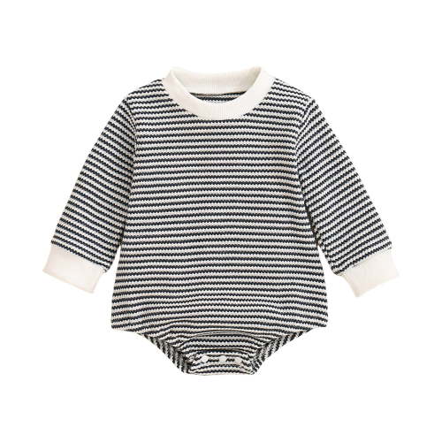 Povozer Unisex Baby Boy Girl Striped Romper Waffle Long Sleeve Bubble Oversized Romper Bodysuit Top Fall Onesie Clothes(Dark Blue,12-18 Months)