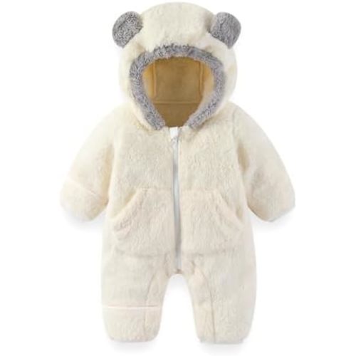 Newborn Baby Bear Outfit Suit With Fold-Over Mittens Footies Girls Boys Winter Fleece Clothes Hooded Romper Snowsuit