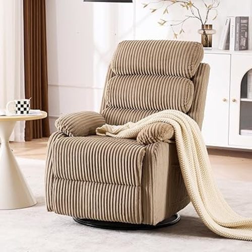 Velvet Upholstered Glider Recliner Chair – 360° Swivel Rocker Chair for Adults, Small Rocking Chair for Small Spaces, Soft Fabric Recliner Chair with Side Pockets, Comfortable Nursery Chair,Brwon