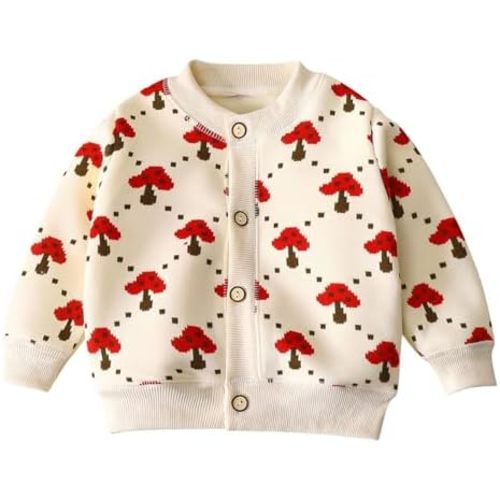 Toddler Baby Girls M𝐮shroom Printed Sweater Cardigan Long Sleeve Button Down Outwear Girls Autumn Walls Youth Coat