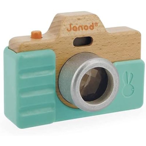 Janod - Early-Learning Camera - Wooden Pretend Play Toy - Sound and Light Effects - Sense Stimulation and Motor Skills - Silicone Shell - Water-Based Paint - from 18 Months + J05381, Brown